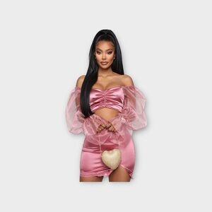 Fashion Nova Pink Off-Shoulder Satin skirt set  with Sheer Sleeves